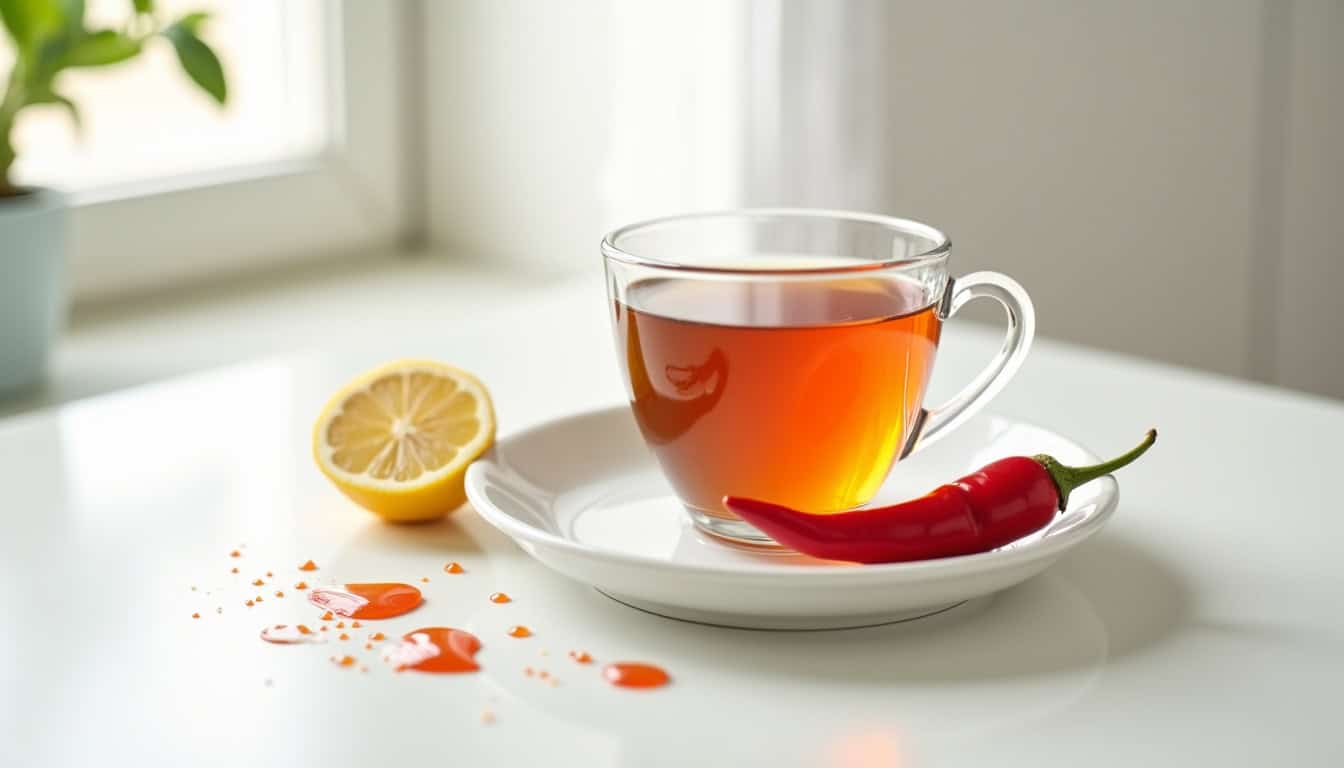 Tisane citron et piment dans une tasse, décorée de citron et piment frais.