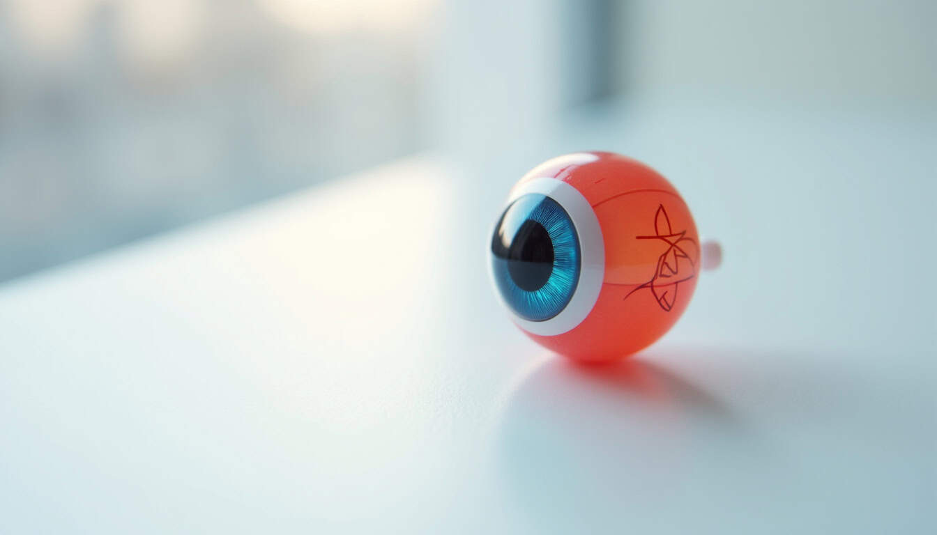 Poupée œil en plastique rouge et bleu, jouet pour enfants, symbole de divertissement et de créativit.