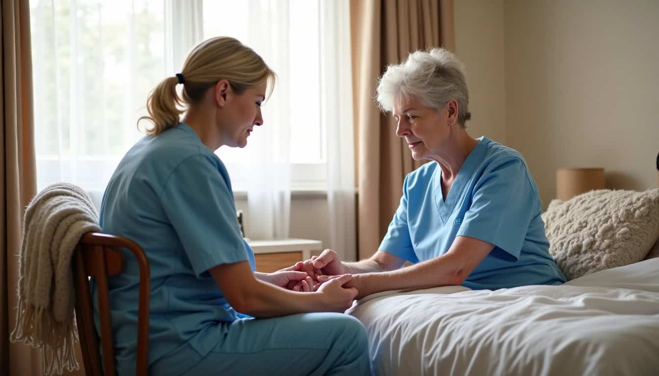 Assistante soignante aidant une personne âgée à domicile.