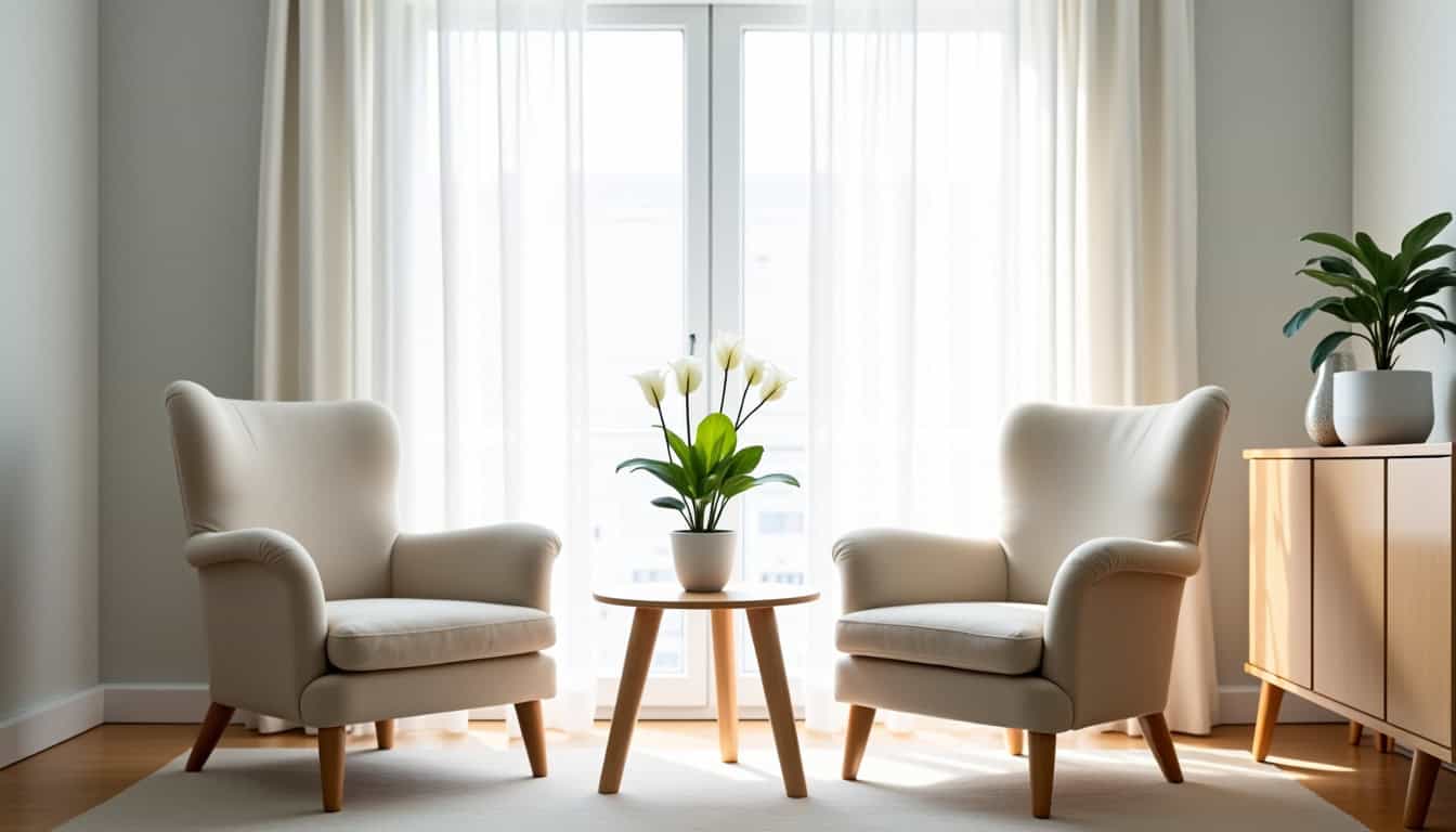 Panneau de salon avec deux fauteuils et une table centrale avec une plante verte, dans une pièce lum.