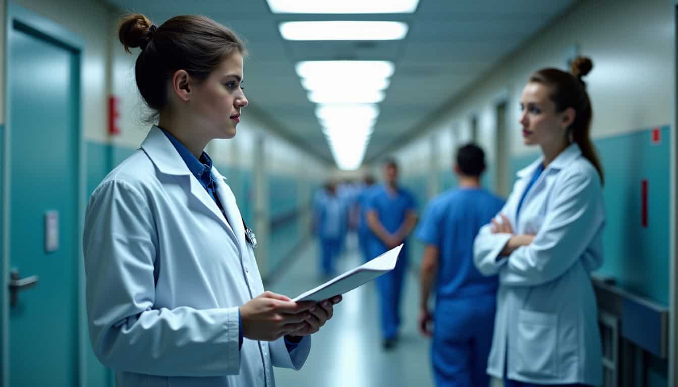 Deux médecins discutent dans un couloir d'hôpital avec personnel médical en arrière-plan.