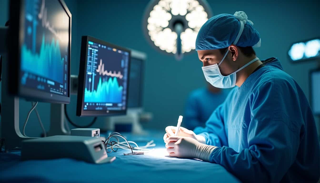 Technicien médical en salle d'opération portant un masque et une coiffe, travaillant sur un ordinate.