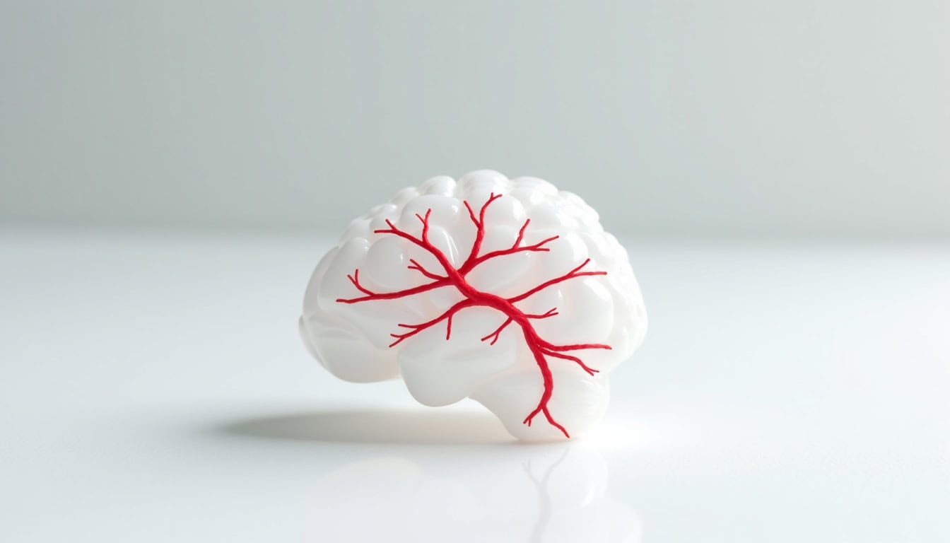 Cerveau en silicone blanc avec vaisseaux rouges, symbolisant la santé cérébrale.