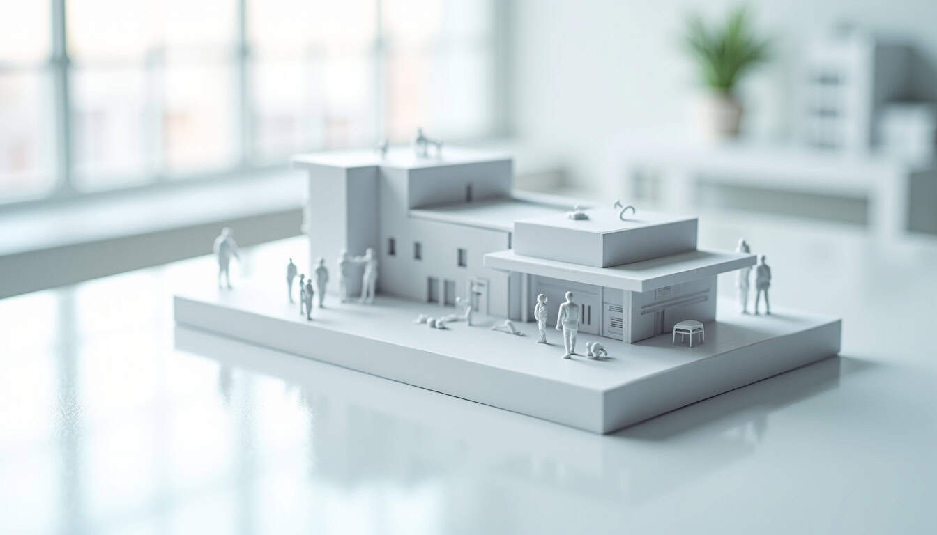 Modèle réduit de maison avec figurines, illustrant services d'épaviste professionnels.