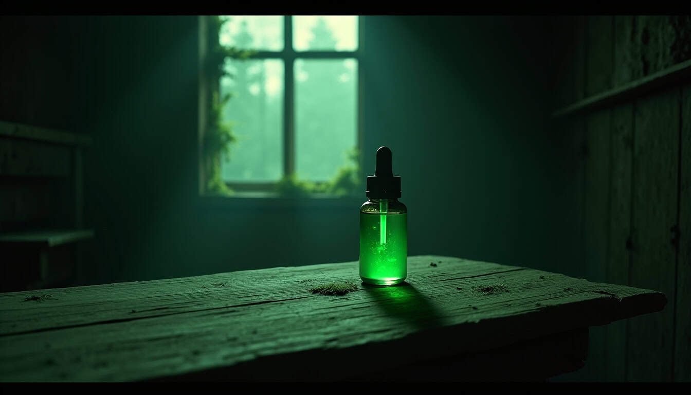 Vinaigre de CBD dans un flacon vert sur une table en bois, ambiance naturelle et apaisante.