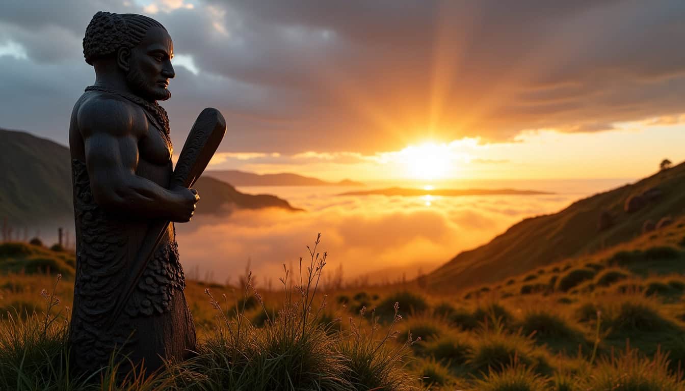 Statue en pierre d'un homme avec un bâton au lever du soleil.