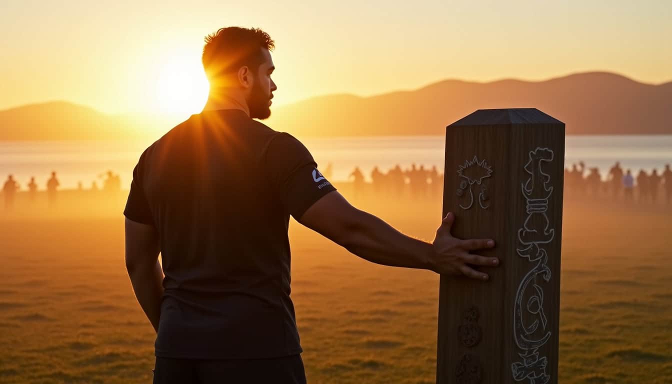Panneau en bois avec motifs celtique, posé dans un paysage au coucher de soleil.