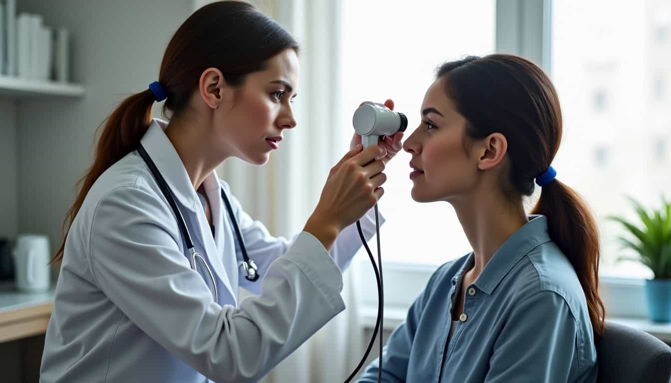 Médecin ORL réalisant un examen clinique avec un otoscope et un spéculum nasal