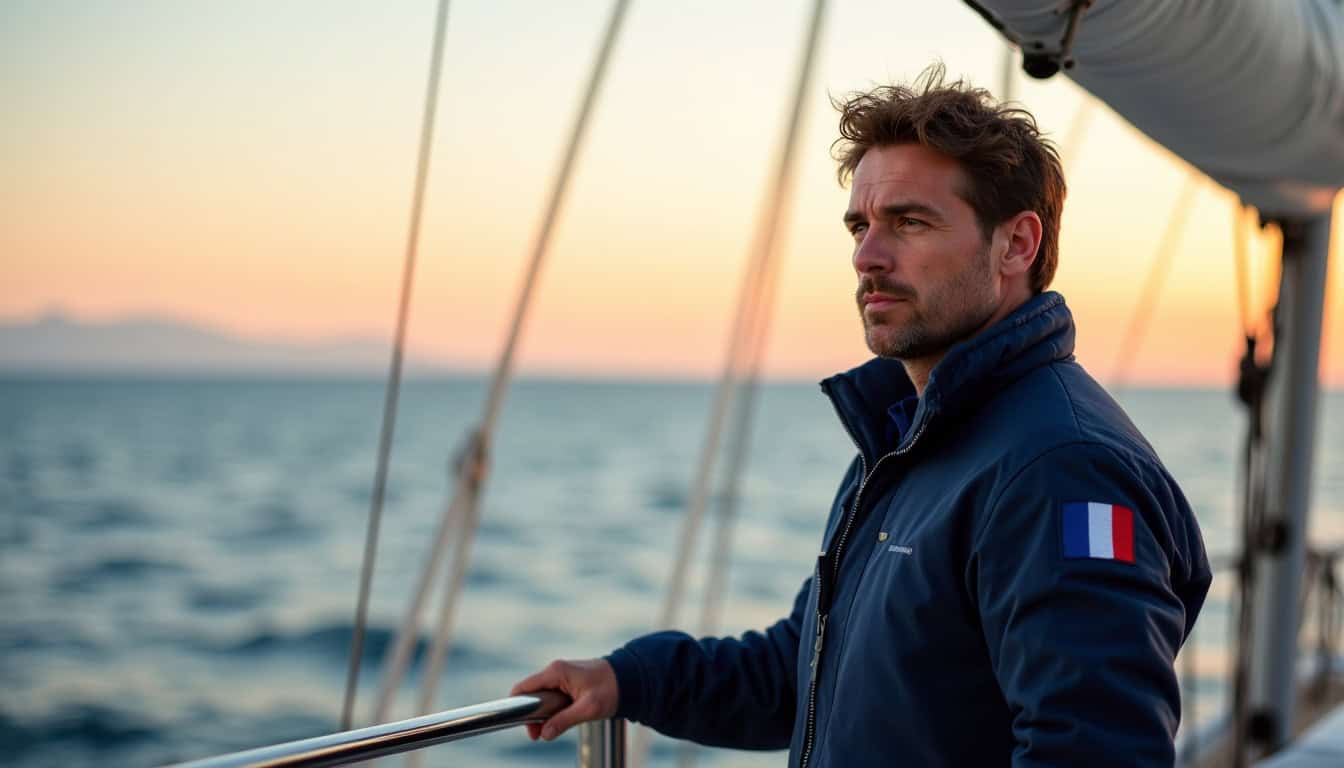 Homme sur un bateau de plaisance au coucher du soleil, vue mer.