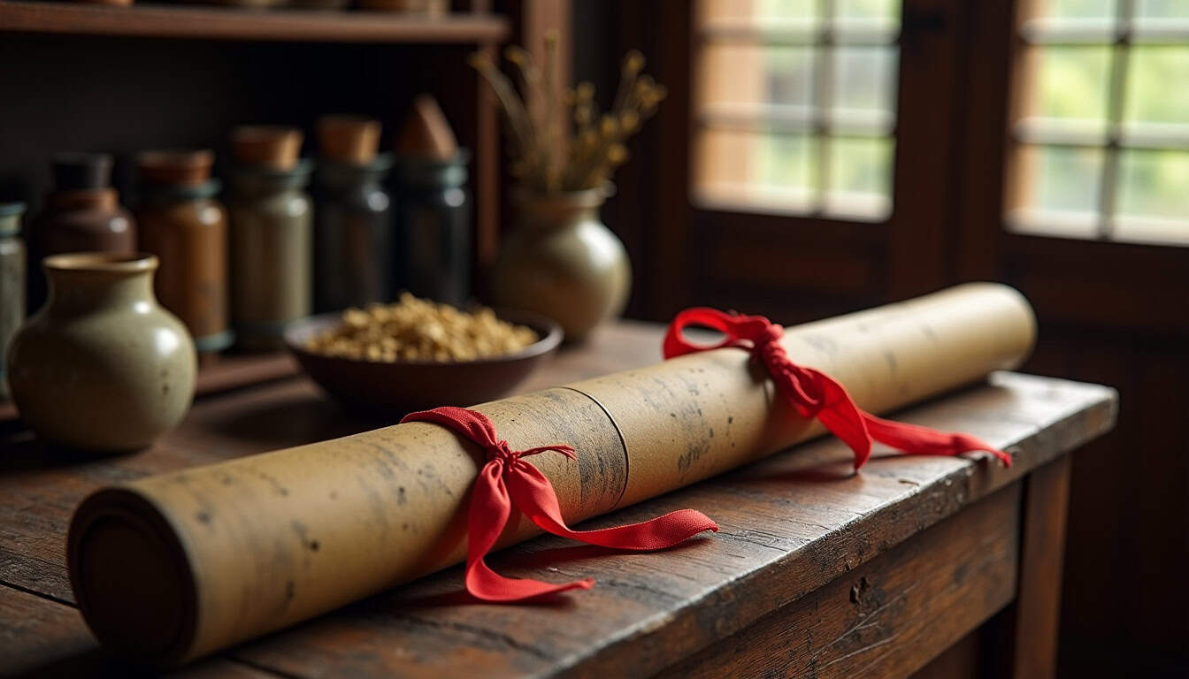 Diplôme ancien roulé avec ruban rouge, sur une table en bois dans un environnement vintage.