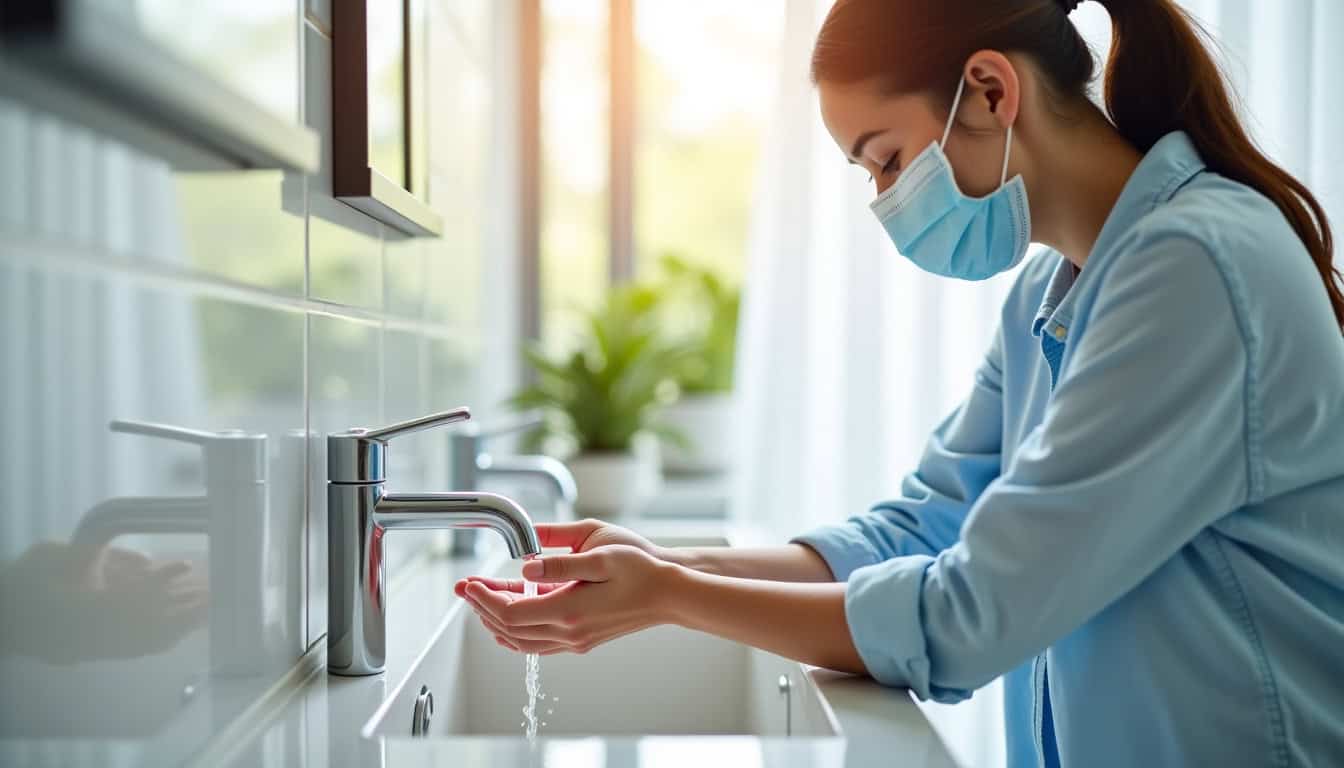 Femme en blouse et masque se lavant les mains sous un robinet dans un hôpital.