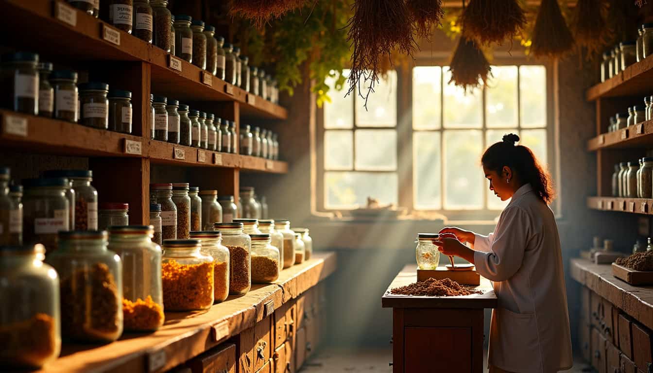 Vitrine d'épices dans un marché artisanal, avec une femme préparant des mélanges d'épices.