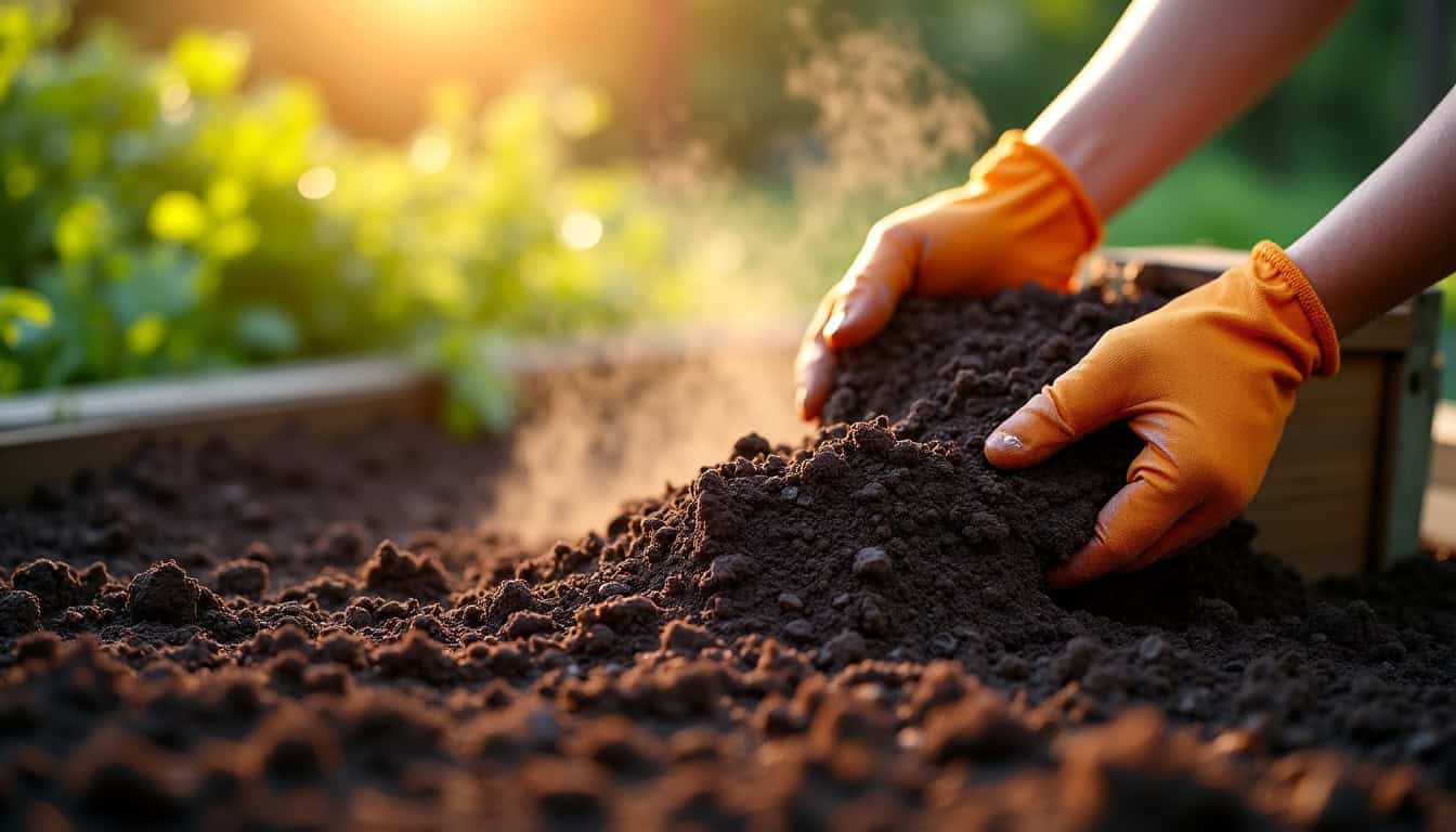 Personne en gants orange travaillant la terre dans un jardin en plein soleil.