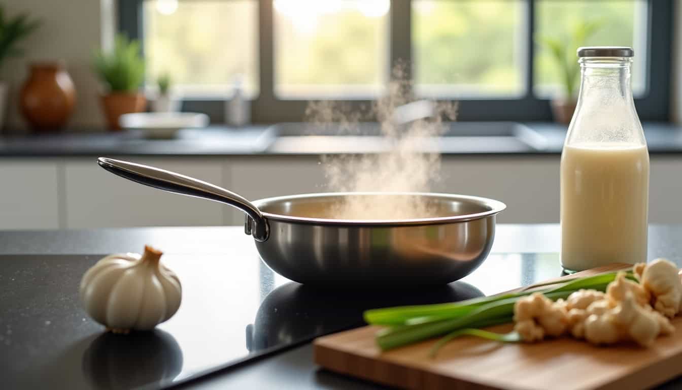 Casserole en acier inoxydable chauffant sur une cuisine lumineuse, avec des ingrédients frais à prox.