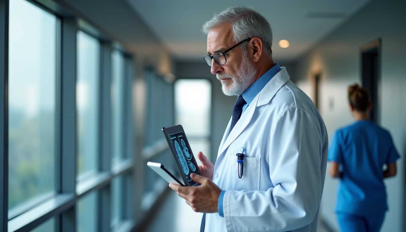 Technicien médical en blouse blanche utilisant une tablette dans un hôpital moderne.