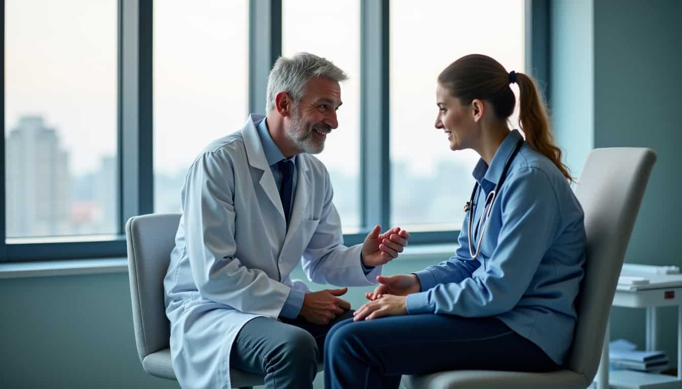 Médecin et patiente discutant dans un cabinet moderne.