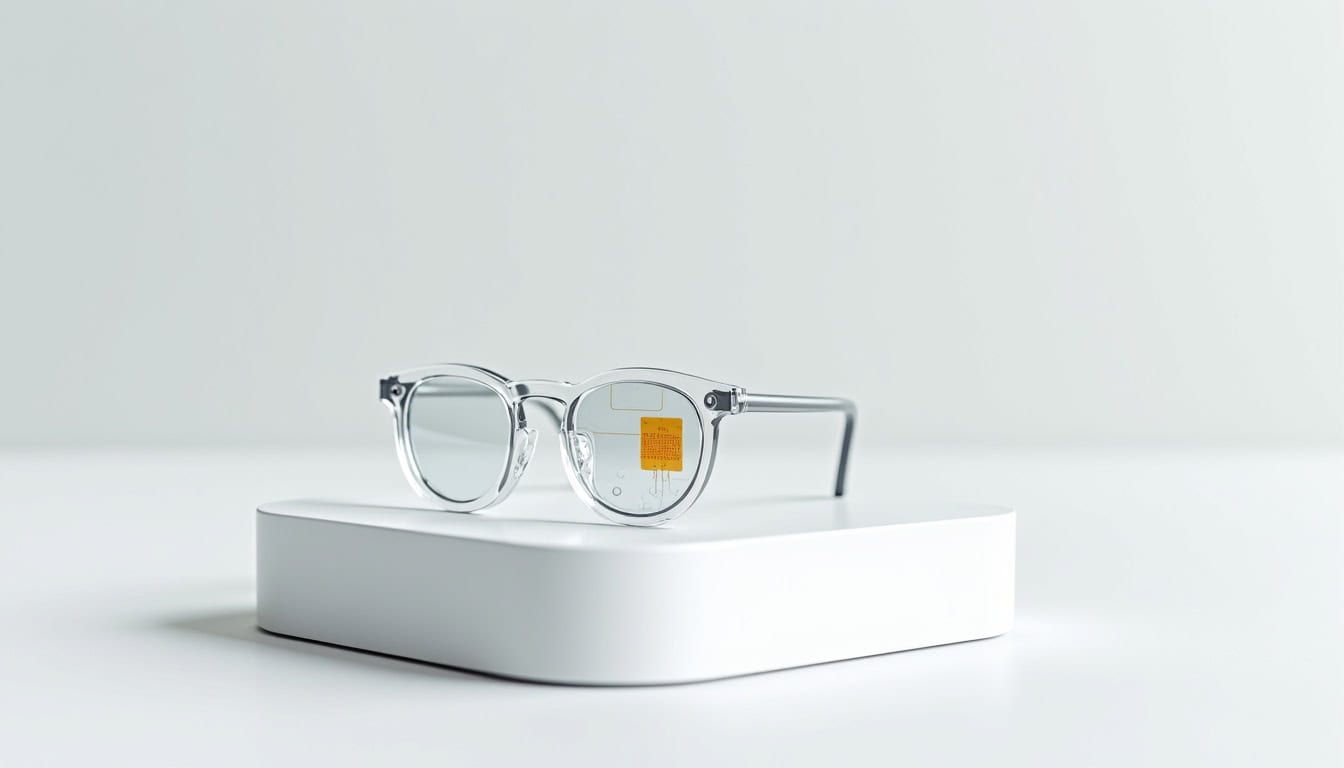 Lunettes de vue modernes avec monture transparente, posées sur un support blanc.