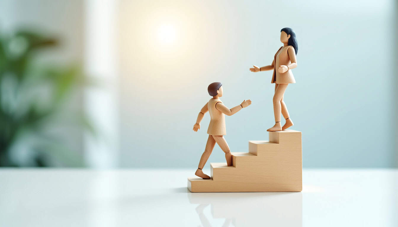 Illustration d'une femme aidant un enfant à monter des escaliers en bois.