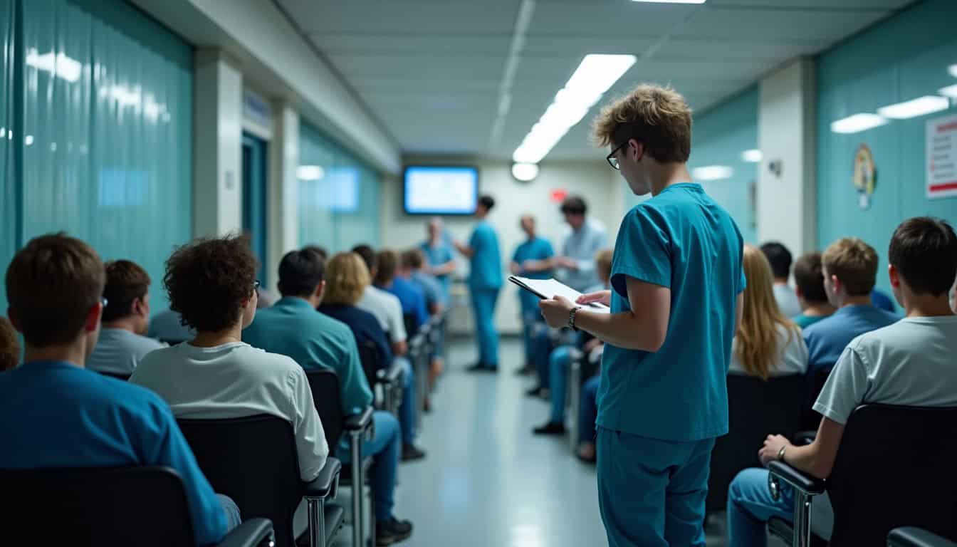Étudiant en formation médicale prenant des notes dans une salle d'attente.