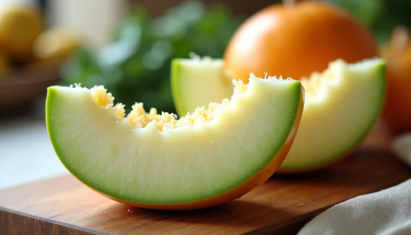 Pêche et melon frais, fruits de saison, alimentation saine.