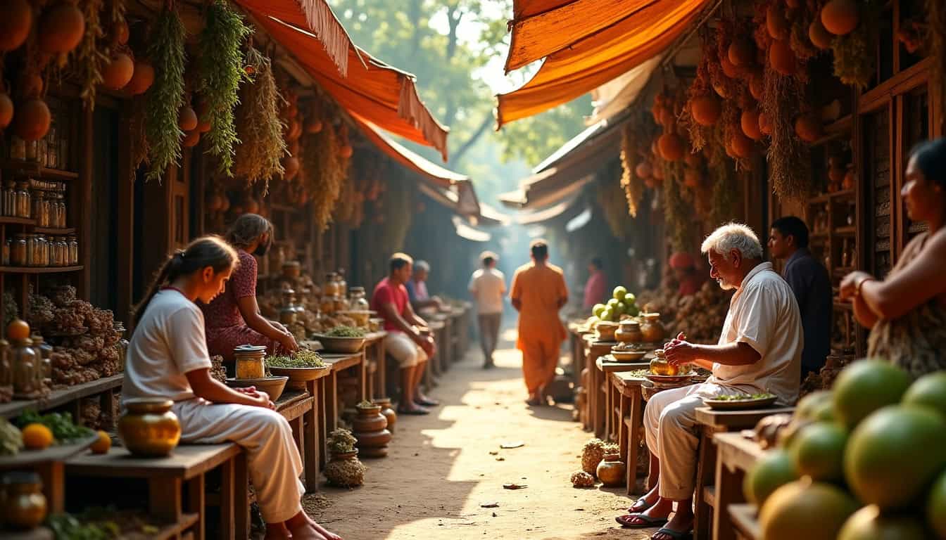 Poteries artisanales vendues au marché traditionnel, ambiance chaleureuse et authentique.