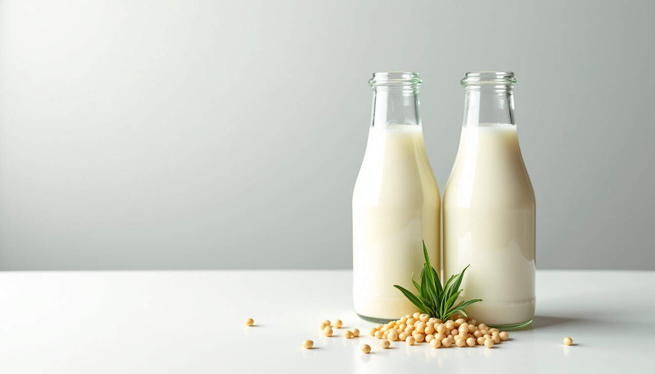 Lait végétal en bouteilles avec soja, céréales et plantes vertes.