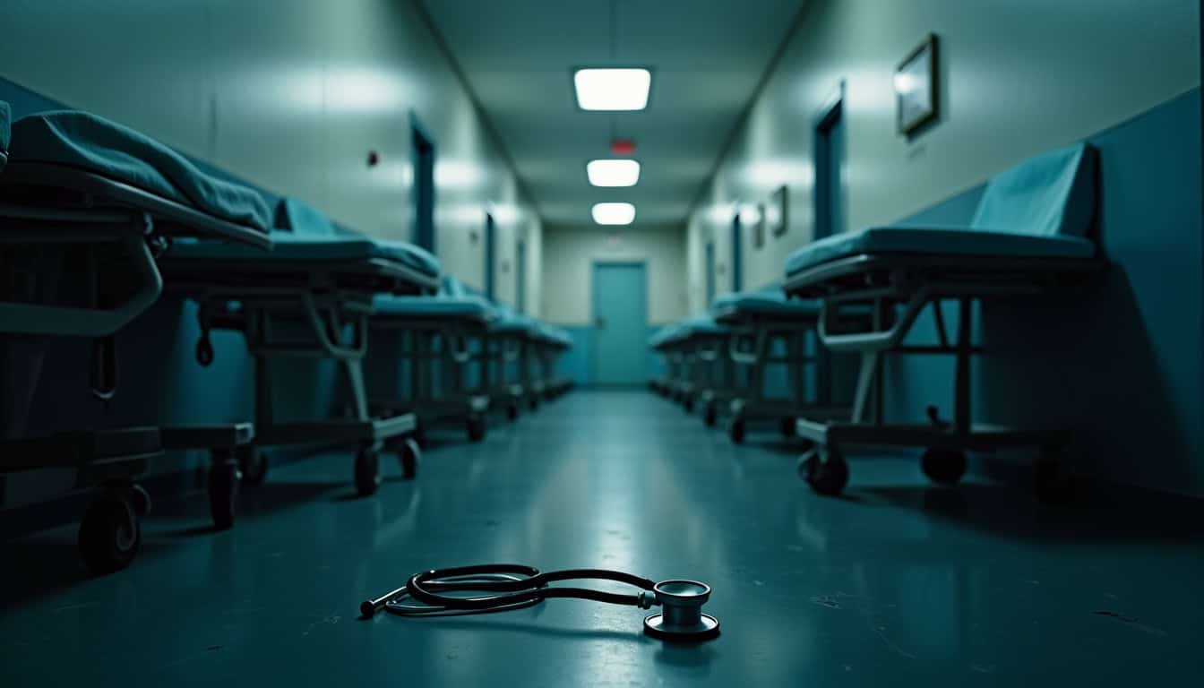 Équipement médical dans un couloir d'hôpital, stéthoscope au sol, ambiance sterile et calme.