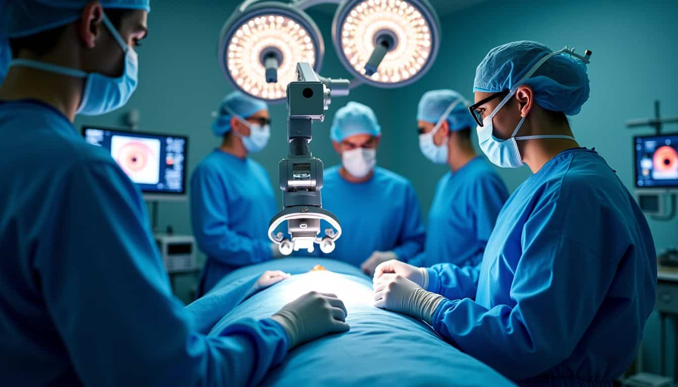 Professionnels de la santé en salle d'opération avec équipements médicaux modernes.