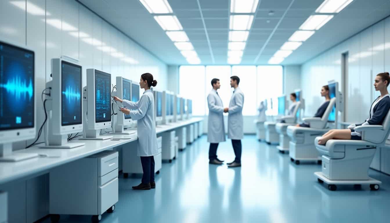Technicien en radiologie médicale utilisant un ordinateur dans un centre médical moderne.