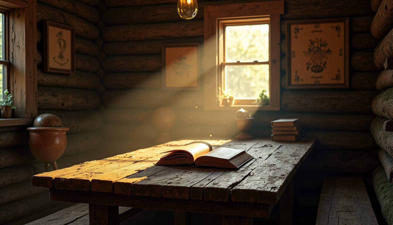 Table en bois rustique dans une cabane en bois avec lumière naturelle.