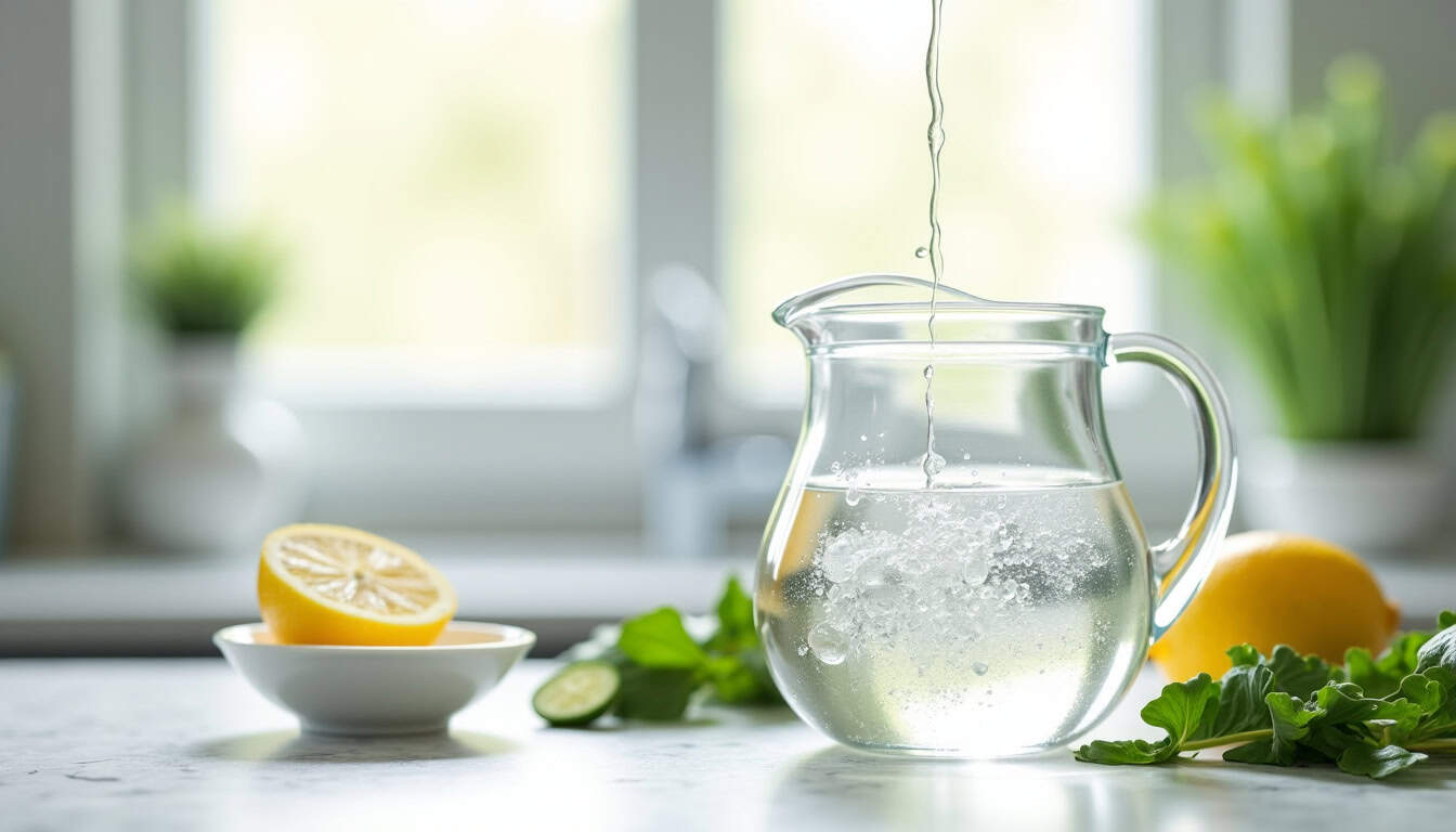 Carafe en verre avec eau fraîche et citron, décor de cuisine lumineux.