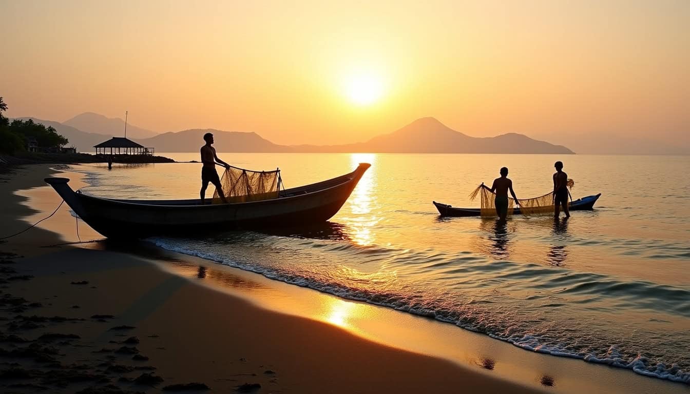 Bateau de pêche au coucher du soleil avec deux pêcheurs dans l'eau.