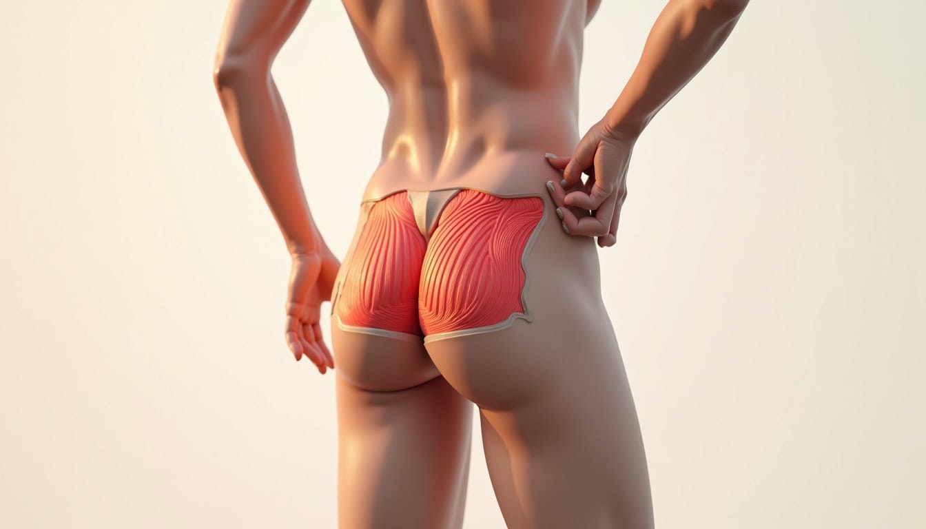 Illustration des muscles fessiers avec mise en valeur anatomique.