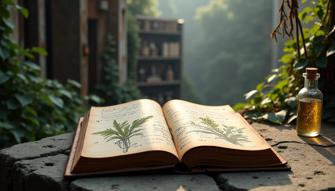 Livre botanique ancien avec illustrations de plantes séchées, posé sur une table en pierre dans un j.