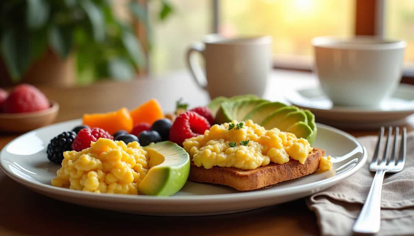 Pancakes aux fruits frais, œufs brouillés et café pour un petit-déjeuner sain.