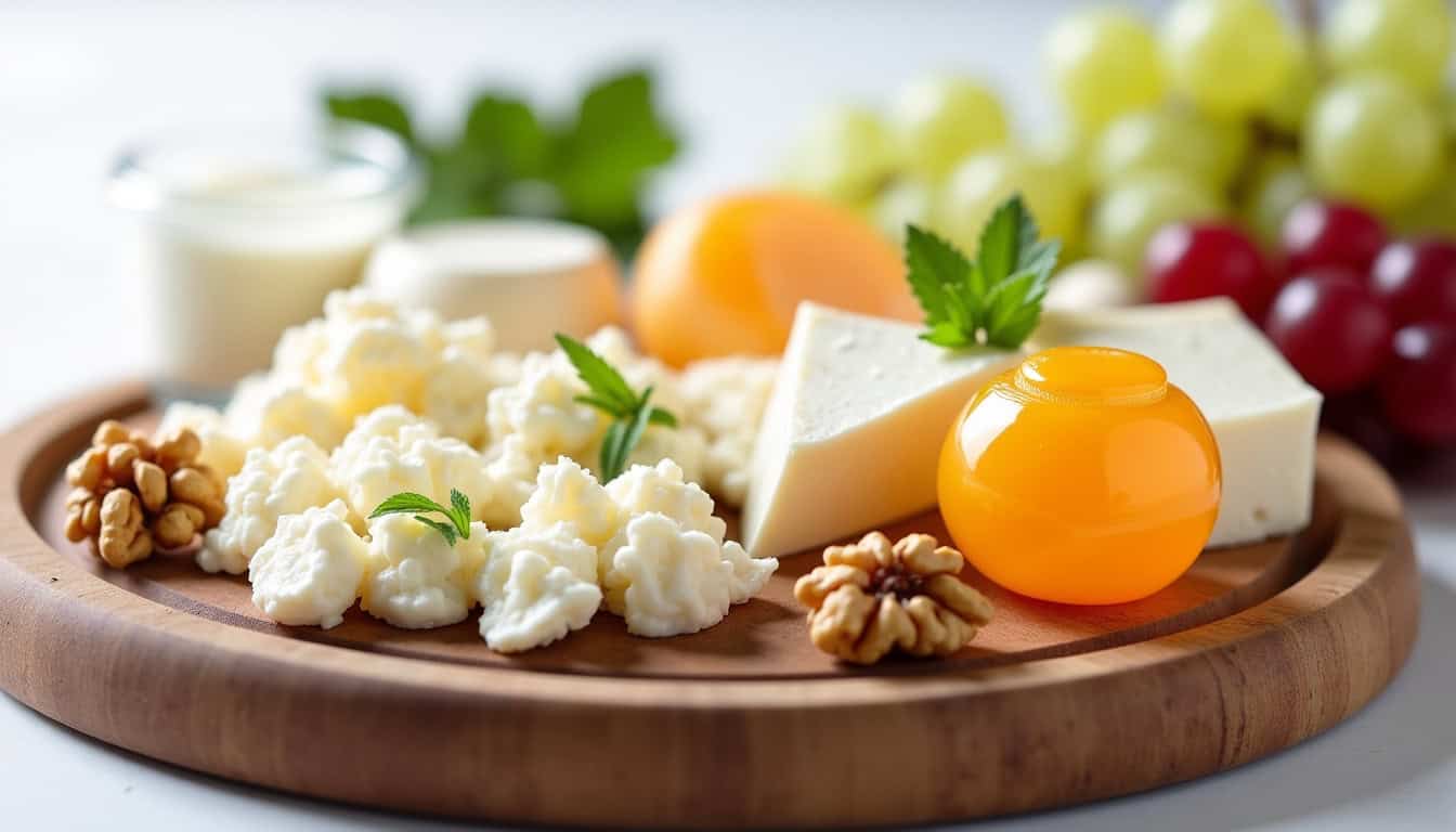 Fromage, œufs et fruits frais, produits laitiers sur planche en bois.