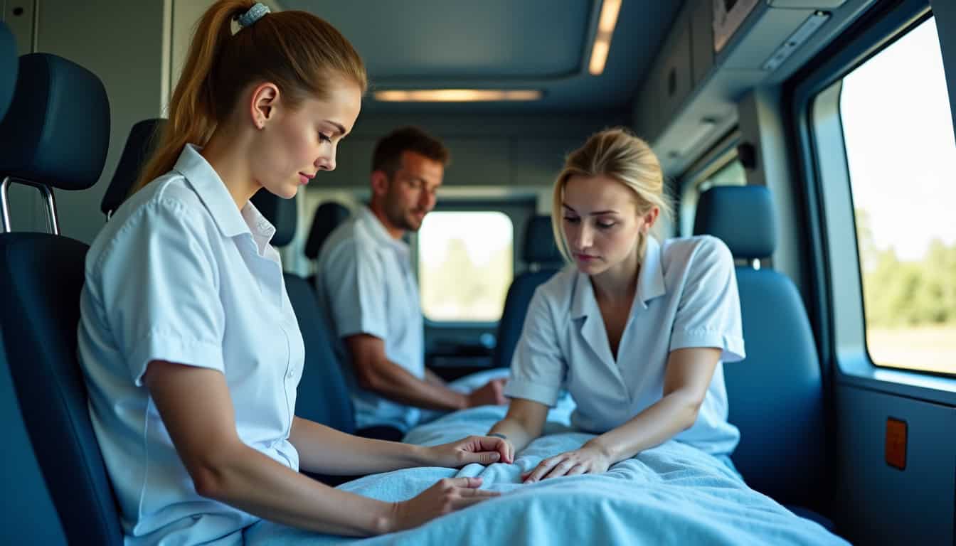 Véhicule médical avec équipe soignante en intervention d'urgence sur la route.