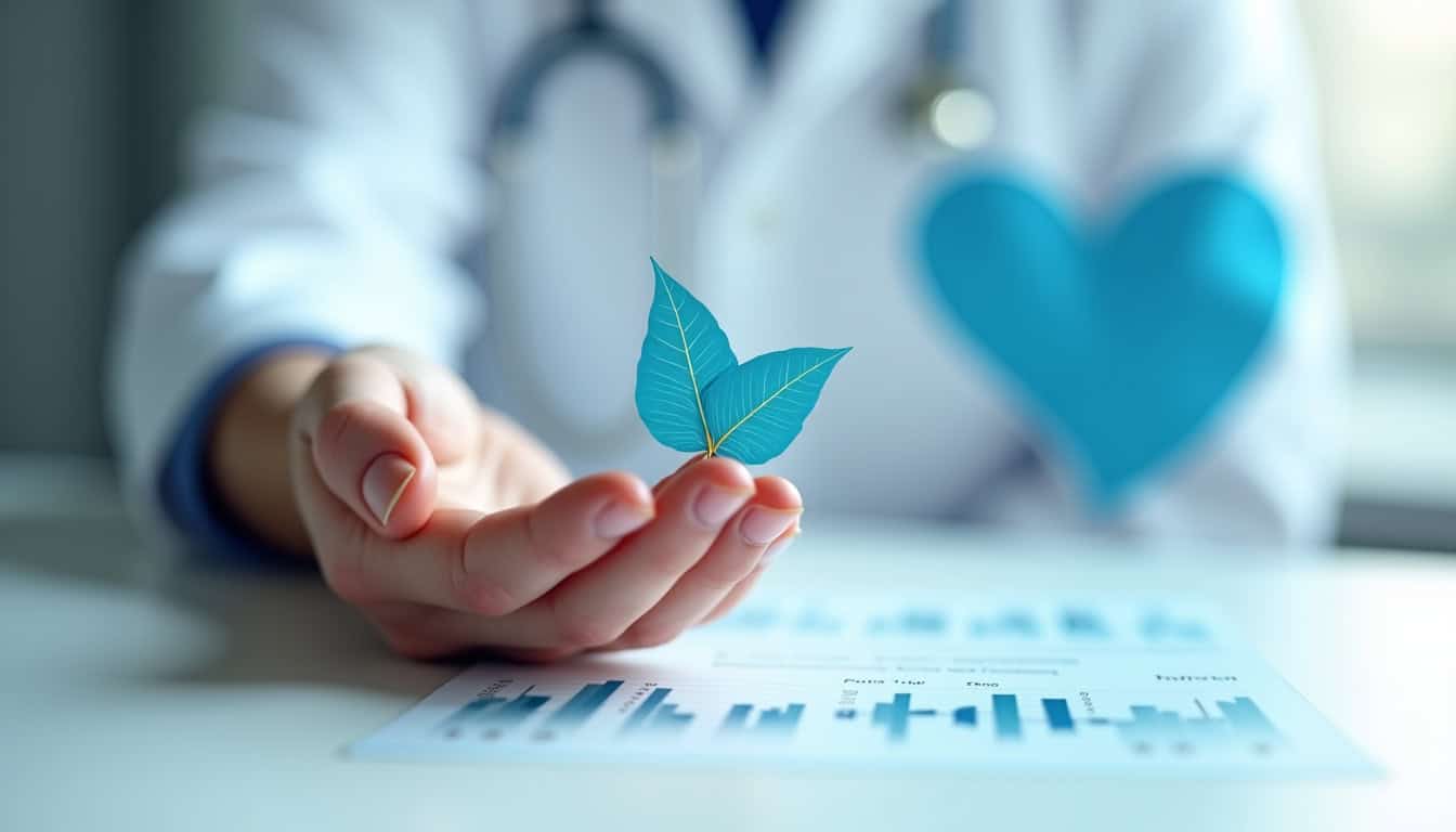 Vétérinaire tenant une petite plante verte, symbolisant la santé et le soin des animaux.