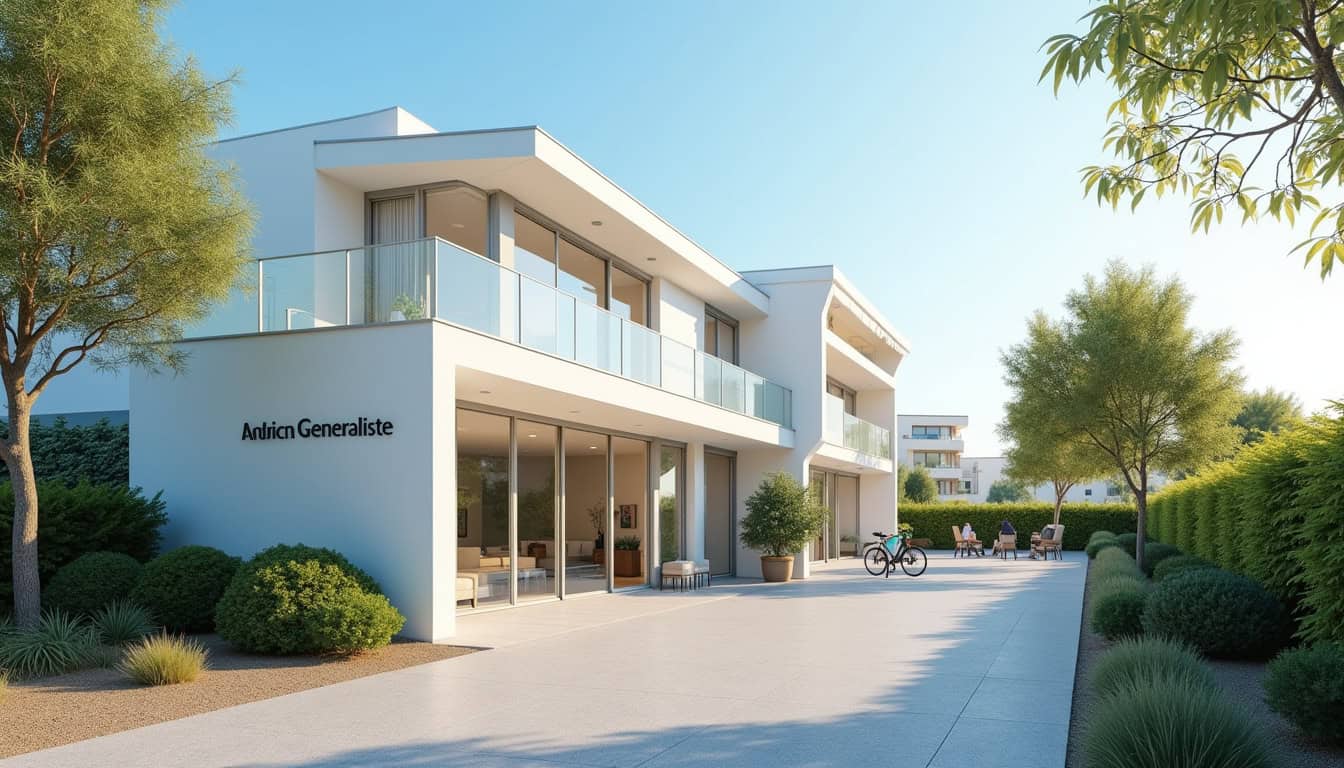 Vente immobilière moderne à Nord, résidence contemporaine avec espaces verts et balcon.