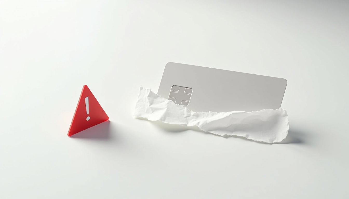 Panneau d'avertissement et carte bancaire abîmée, symbolisant la sécurité et la recyclage des déchet.