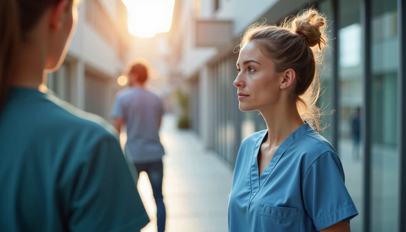 Intervenant médical en discussion avec un collègue dans un environnement urbain en fin de journée.