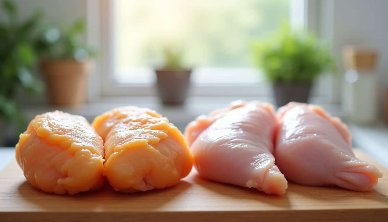 Poulet cru désossé pour préparation culinaire, sur planche en bois.