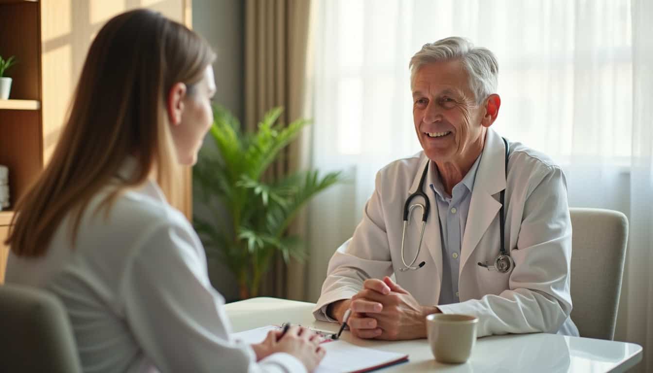Médecin et patiente en consultation, échange dans un cabinet médical lumineux.