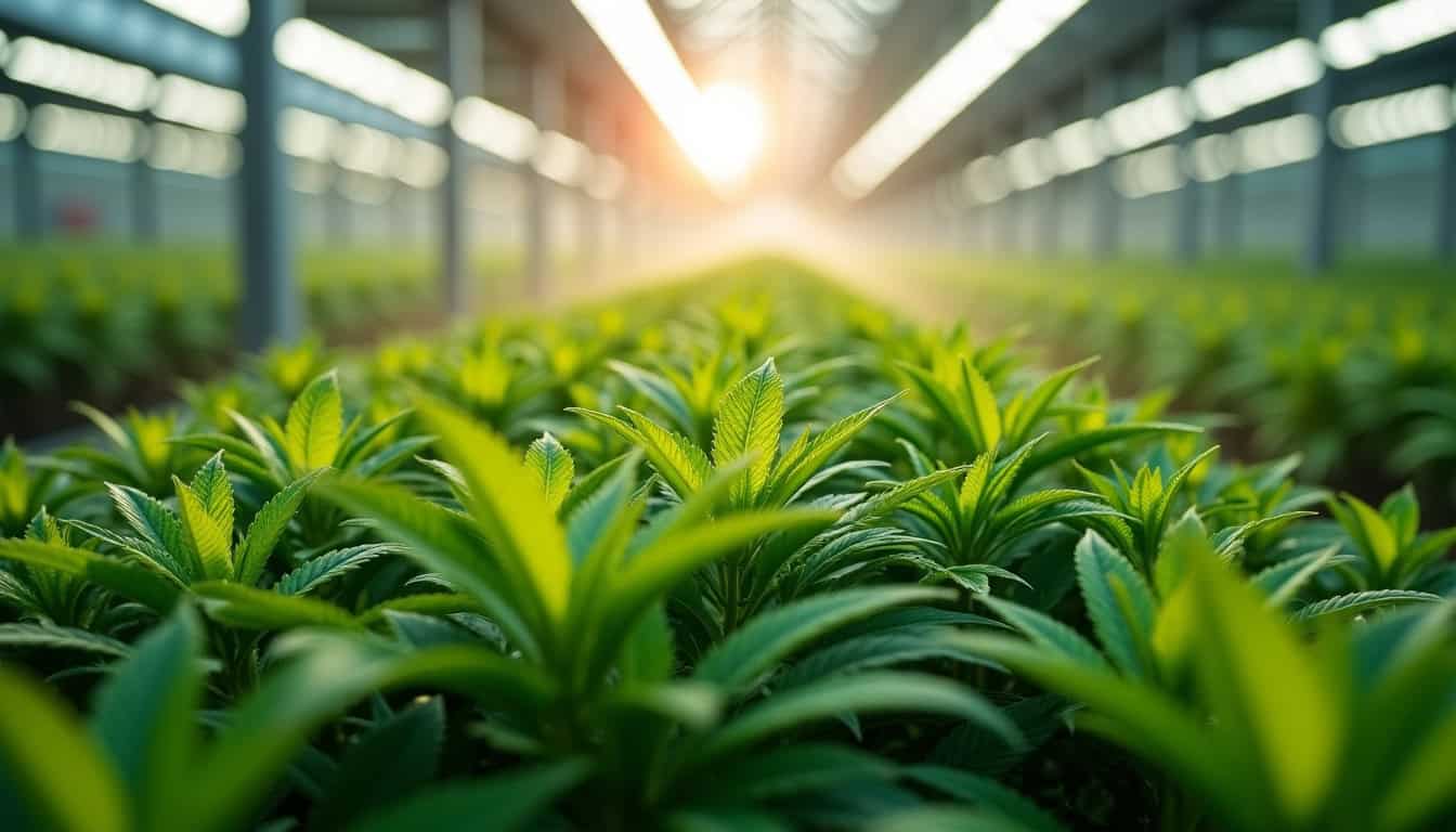 Culture de cannabis en serre avec lumière naturelle et végétation dense.