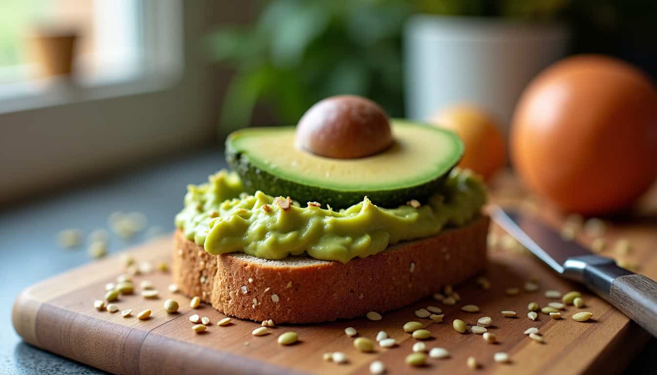 Avocat frais tranché sur pain complet, graines et noix, prêt à déguster.