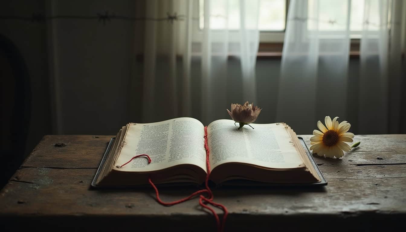 Livre ancien ouvert avec fleurs sur une table en bois, lumière naturelle.