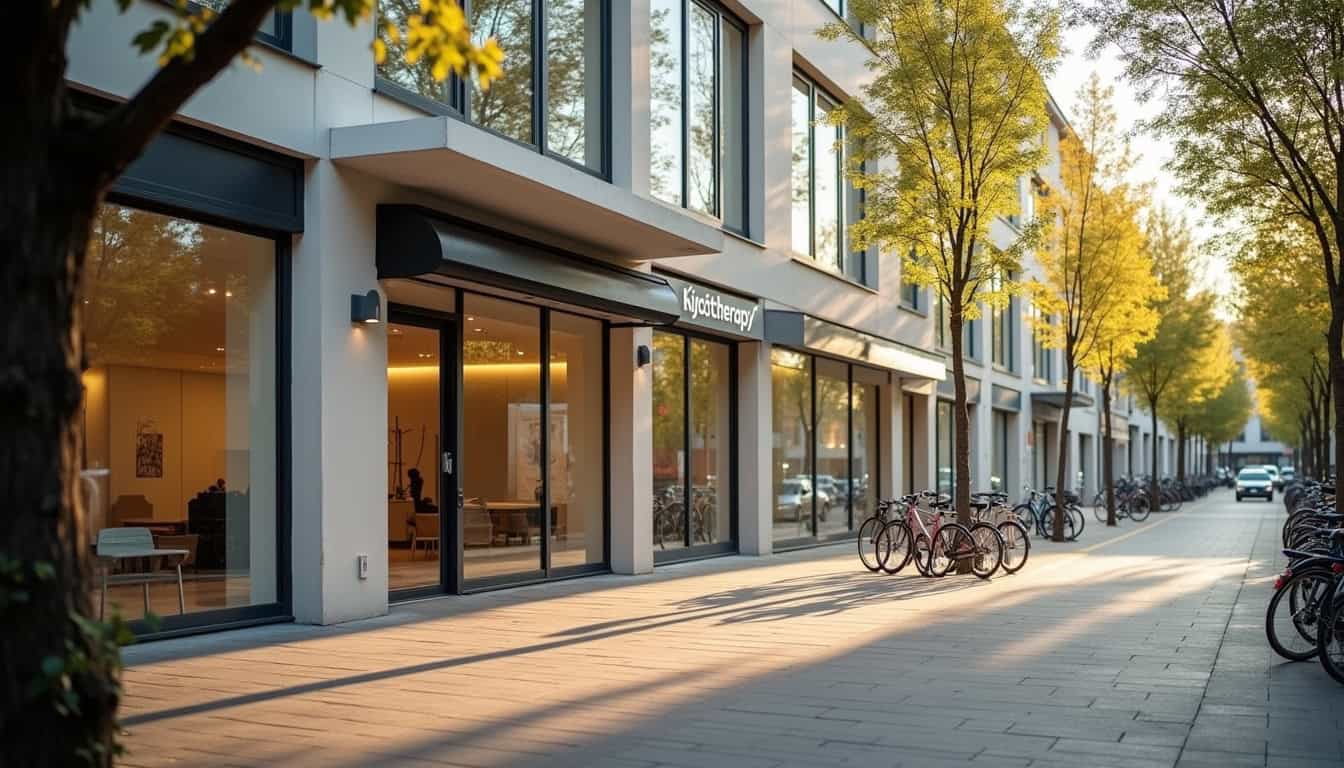 Façade d'un commerce moderne avec vitrines et vélos en ville.