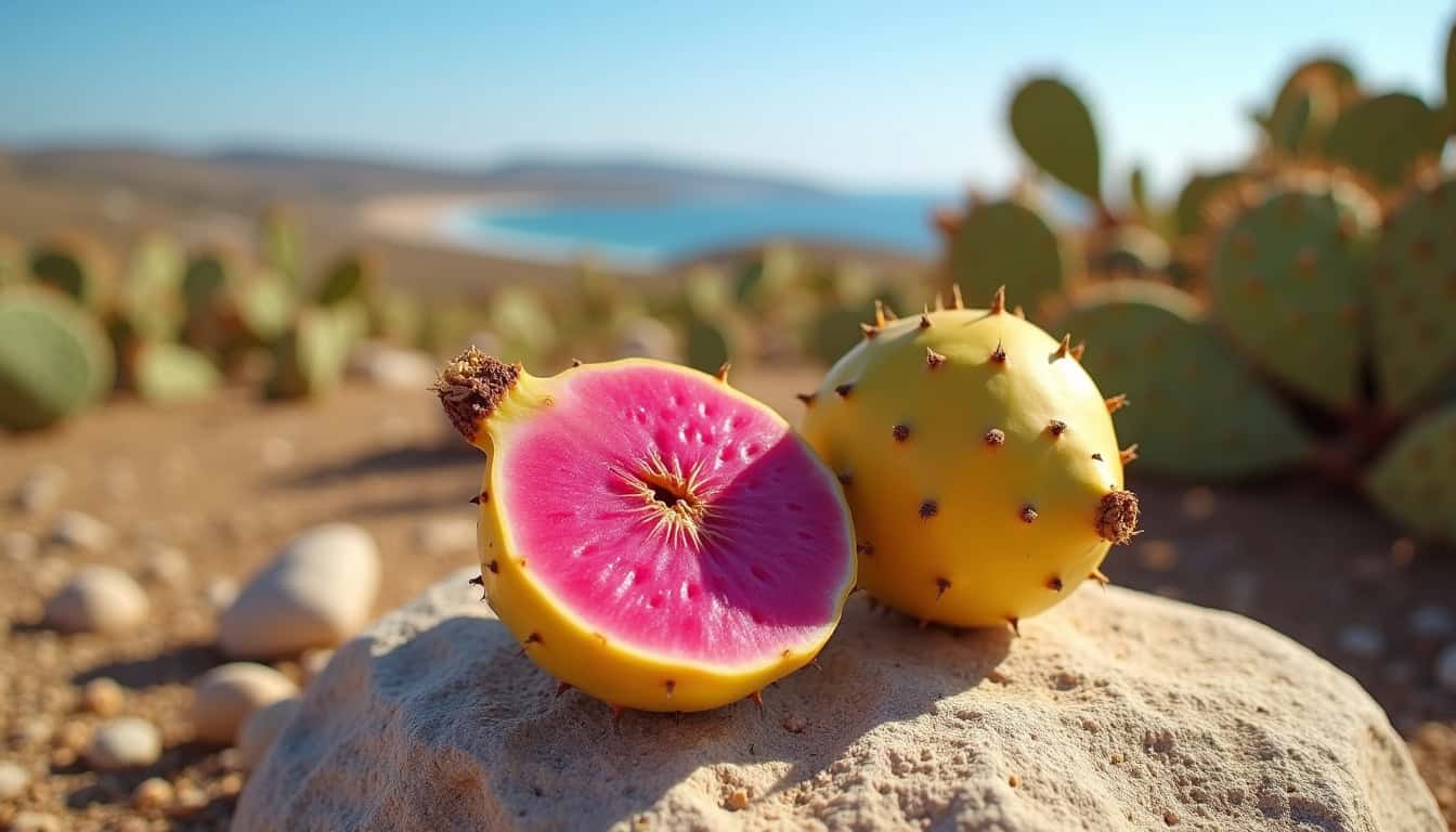 Pomme de cactus rose et verte dans un paysage désertique ensoleillé.