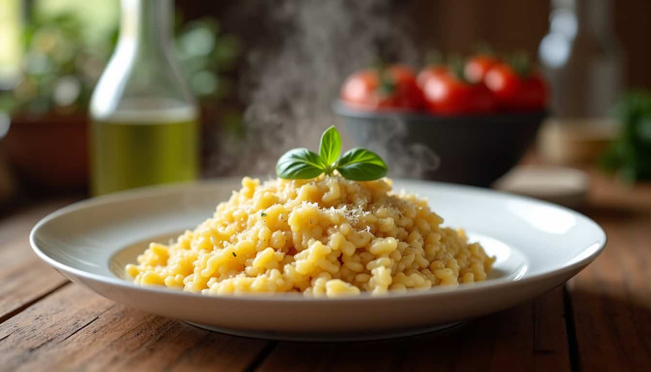 Soupe de semoule chaude avec basilic frais dans une assiette blanche.