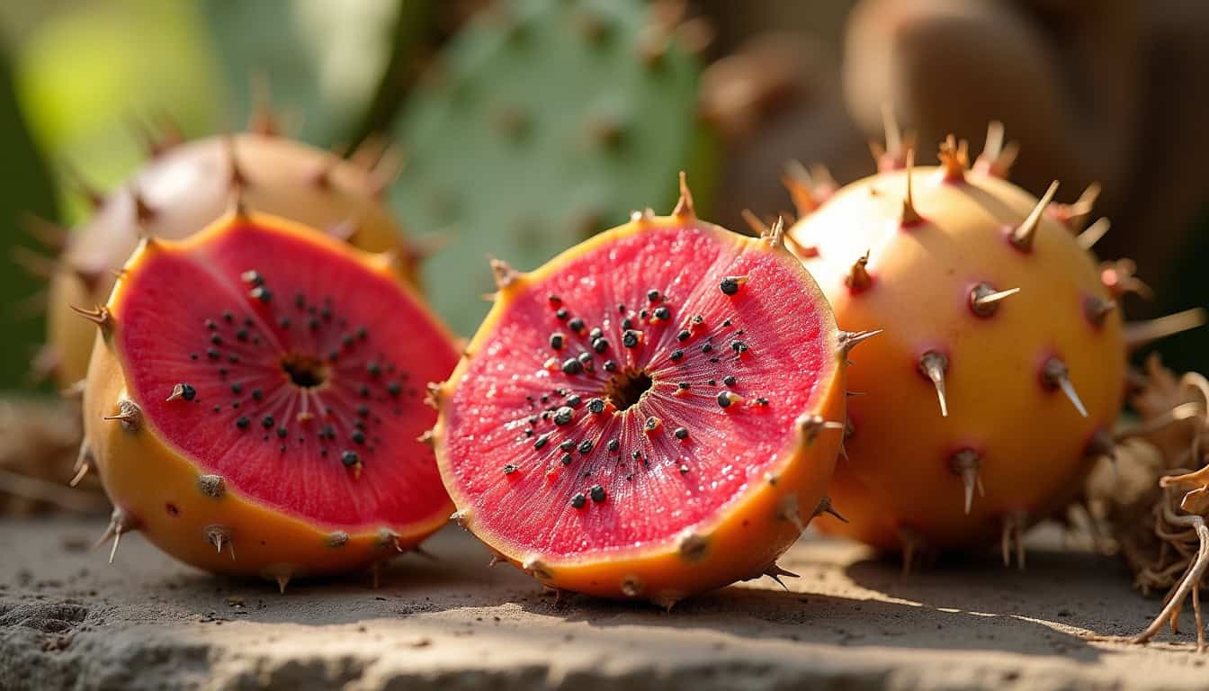 Pomme cactus fraîche, tranchée, avec épines et chair rouge vif.